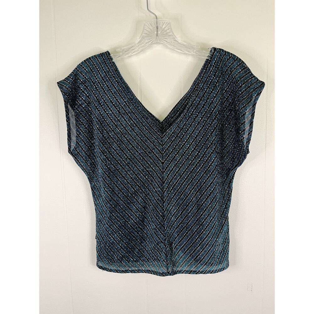 Vintage Sheer Metallic Cropped Blouse Medium Blue Black Sheer Cyber Rave Disco‎